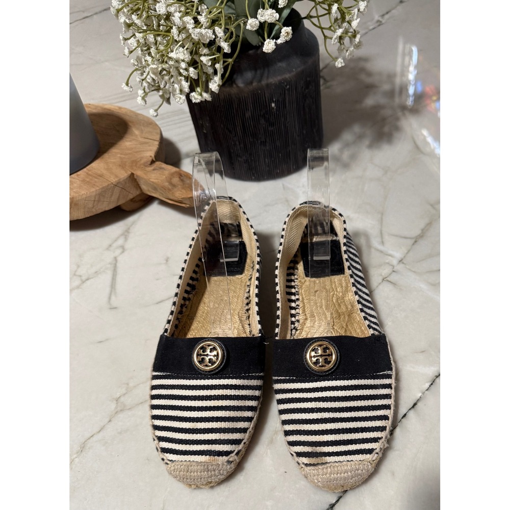 Tory Burch Black White Striped Canvas Espadrille Flats Gold Logo Medallion 9M